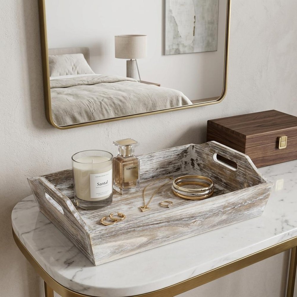 White Rustic Finish Wood Serving Tray With Handles in a home interior