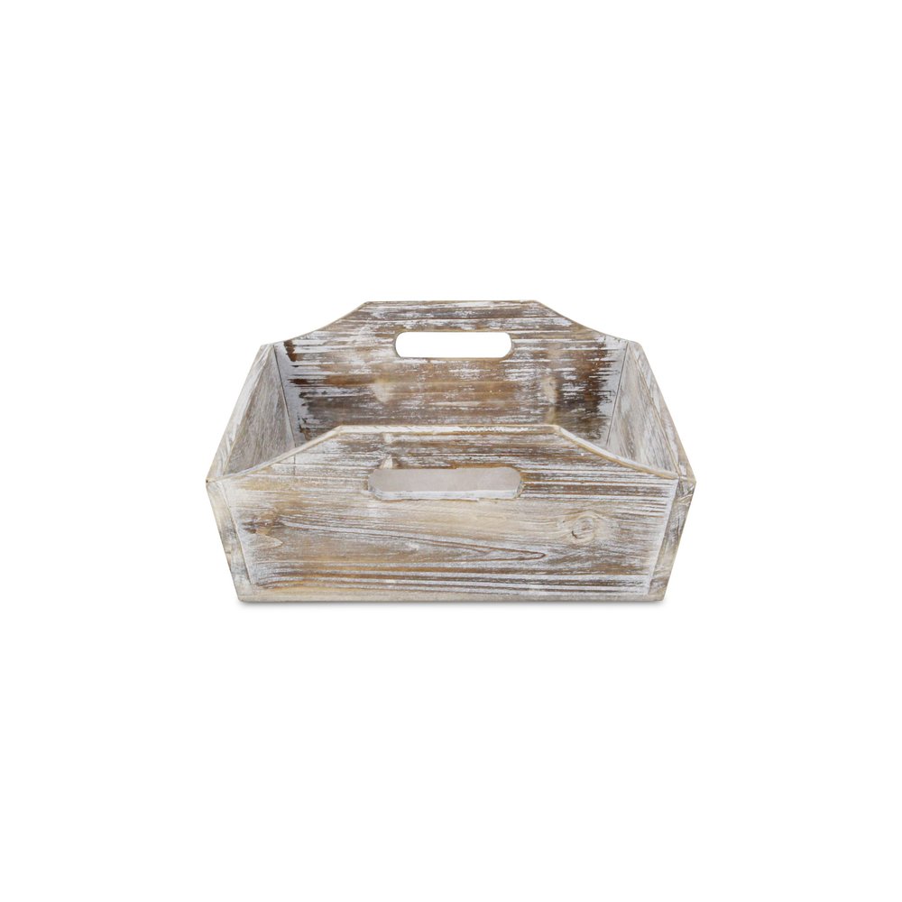 White Rustic Finish Wood Serving Tray With Handles on a white background