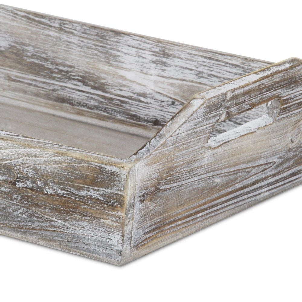 White Rustic Finish Wood Serving Tray With Handles on a white background