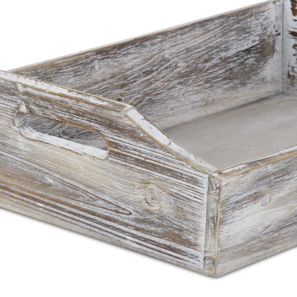 White Rustic Finish Wood Serving Tray With Handles on a white background