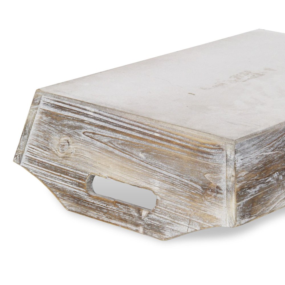 White Rustic Finish Wood Serving Tray With Handles on a white background
