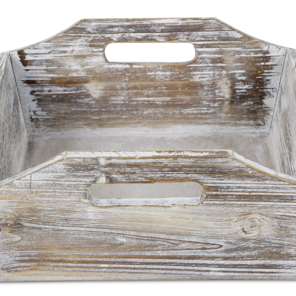 White Rustic Finish Wood Serving Tray With Handles close-up detail