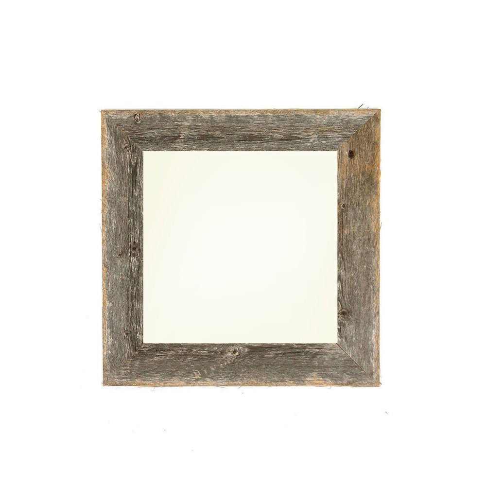 Square gray solid wood tabletop picture frame with a distressed finish on a white background.