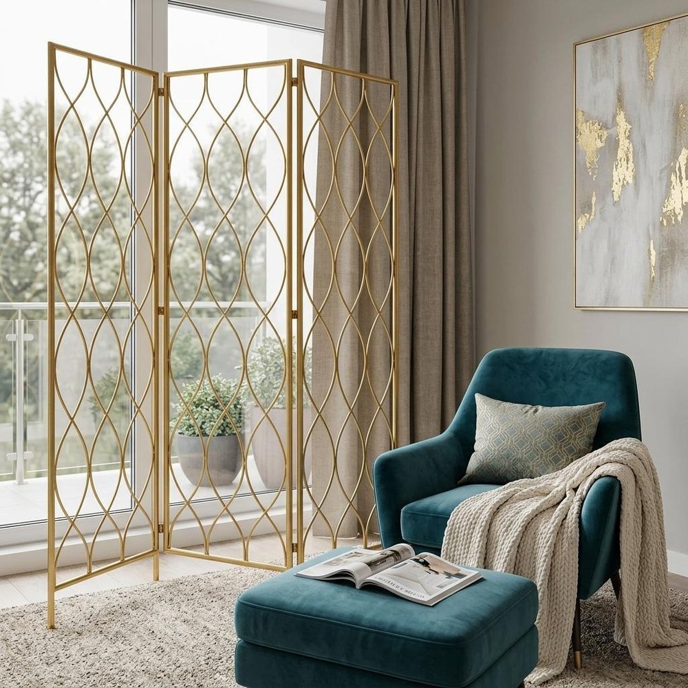 71" Gold Iron Folding Three Panel Screen Room Divider