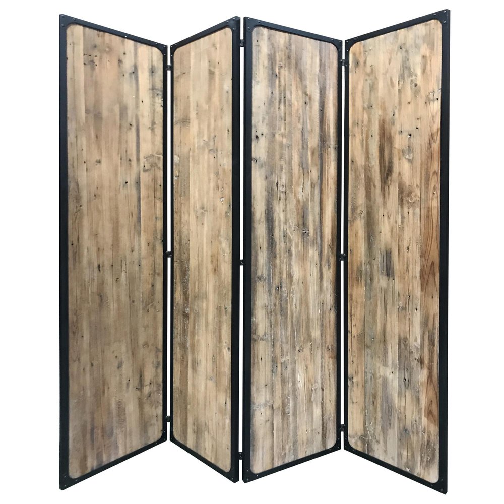 84" Brown Solid Wood Folding Four Panel Screen Room Divider - with Four Panels on a white background