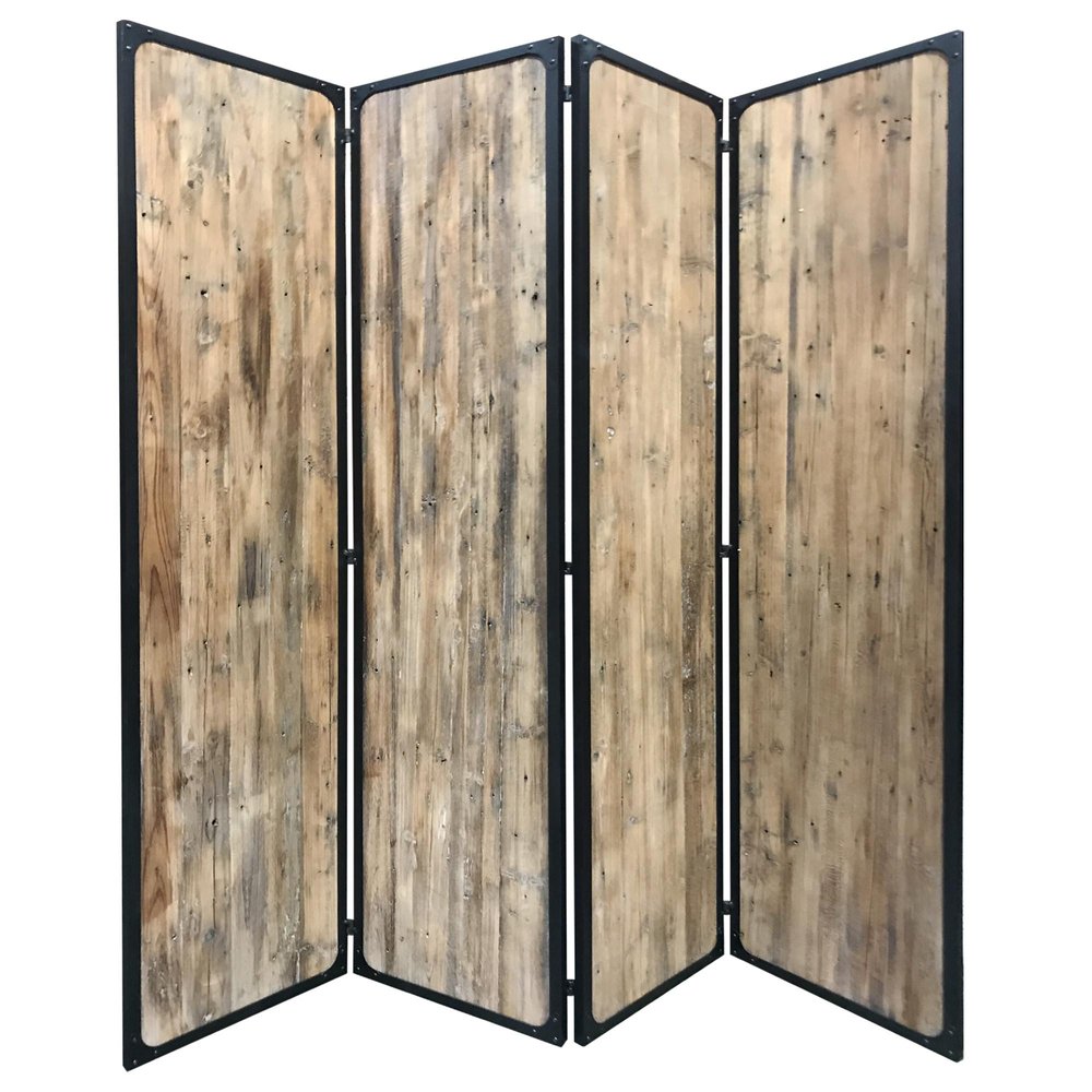 84" Brown Solid Wood Folding Four Panel Screen Room Divider - with Four Panels on a white background
