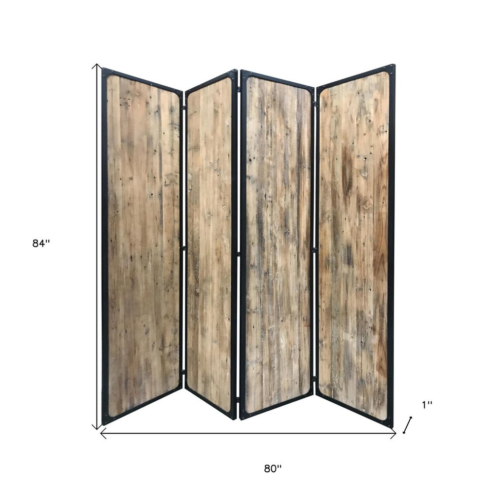 84" Brown Solid Wood Folding Four Panel Screen Room Divider - with Four Panels on a white background