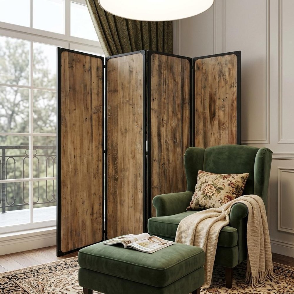 84" Brown Solid Wood Folding Four Panel Screen Room Divider - with Four Panels