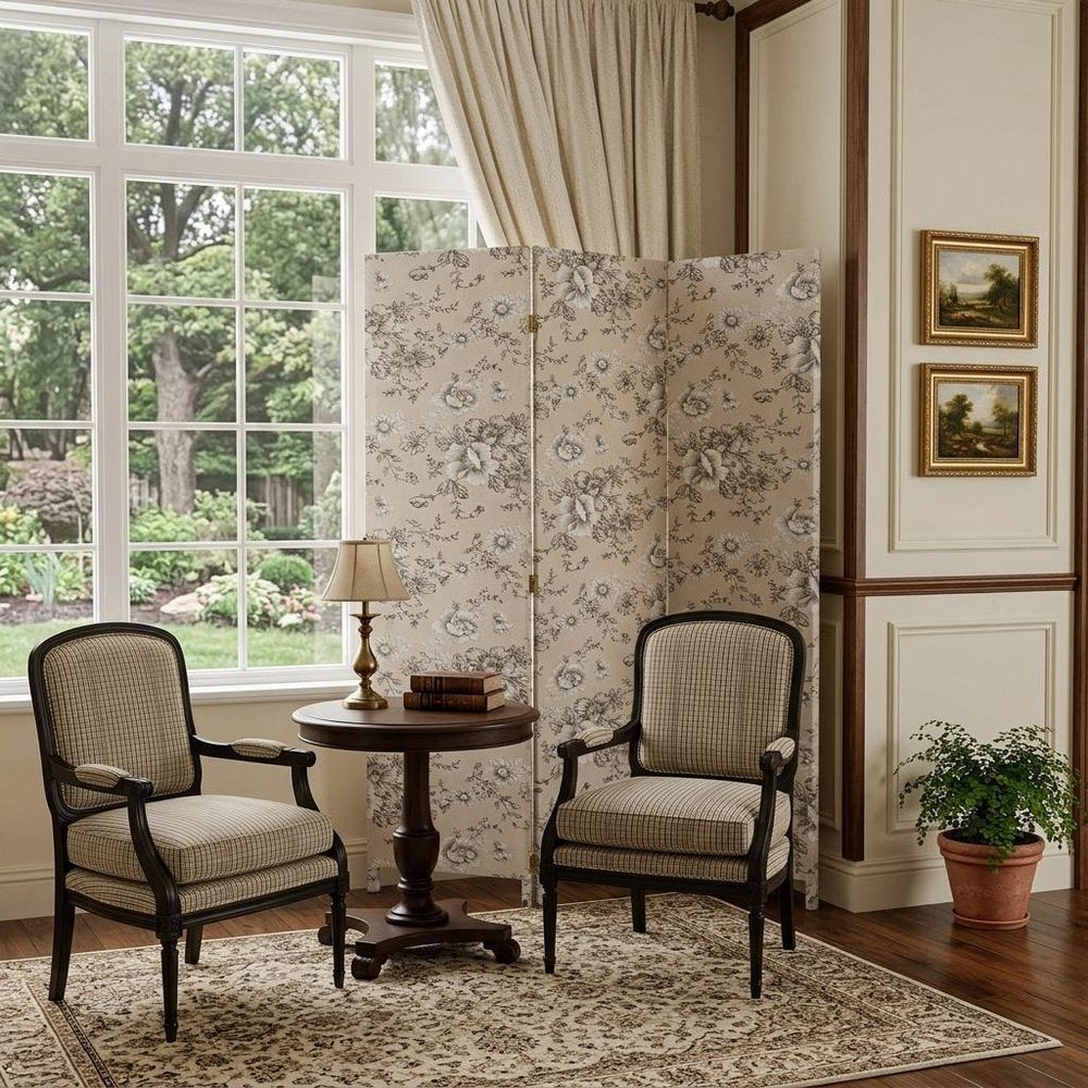 71" Beige and Black Fabric Folding Three Panel Screen Room Divider