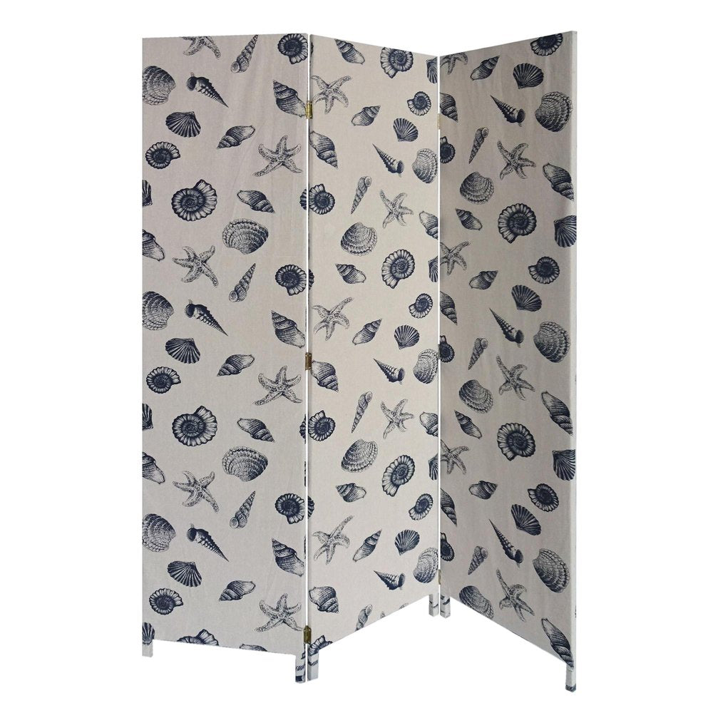 71" Blue and Beige Fabric Folding Three Panel Screen Room Divider on a white background