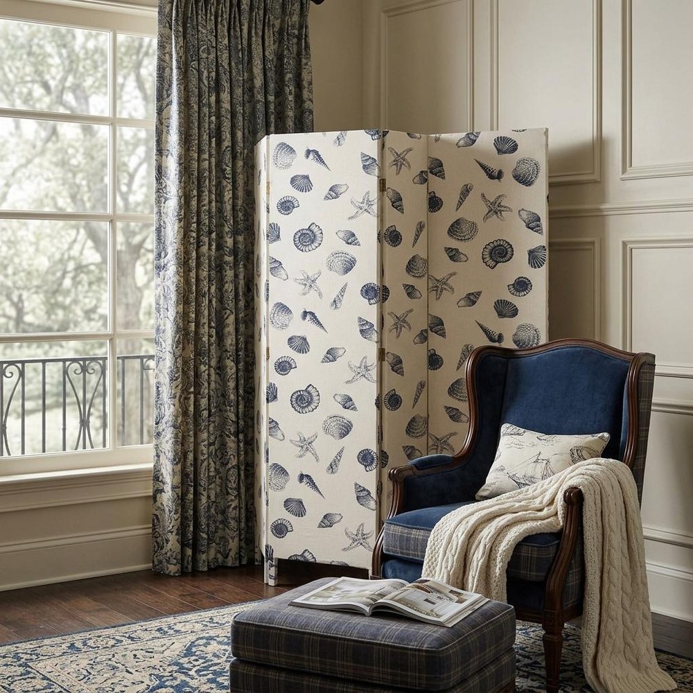 71" Blue and Beige Fabric Folding Three Panel Screen Room Divider in a home interior