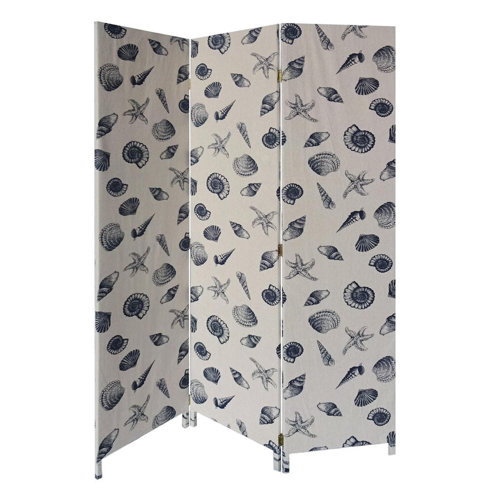 71" Blue and Beige Fabric Folding Three Panel Screen Room Divider on a white background