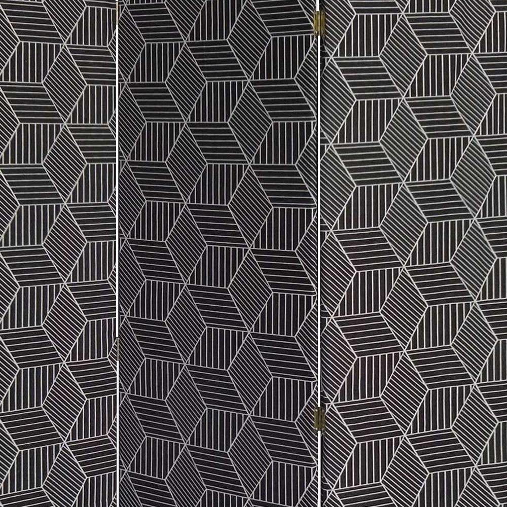 71" Black and White Fabric Folding Three Panel Screen Room Divider