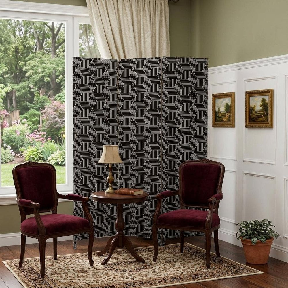 71" Black and White Fabric Folding Three Panel Screen Room Divider
