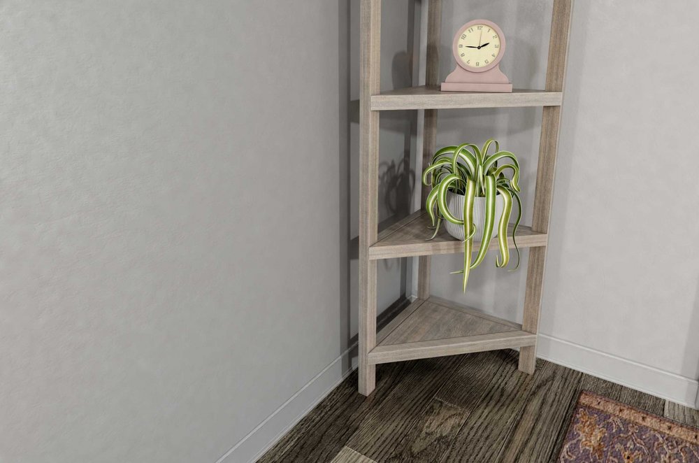 Gray solid wood corner bookcase with a pink clock and a spider plant on a shelf, against a gray wall and wood floor.