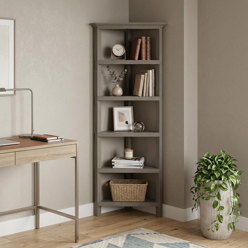 Gray Solid Wood Corner Bookcase in a home interior