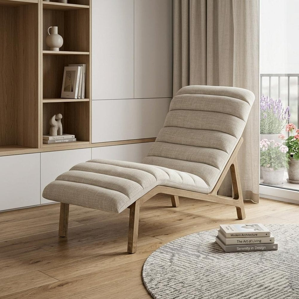 54" Cream and Brown Fabric Tufted Lounge Chair styled in a furnished interior on a tiled floor against a dark brown wall.