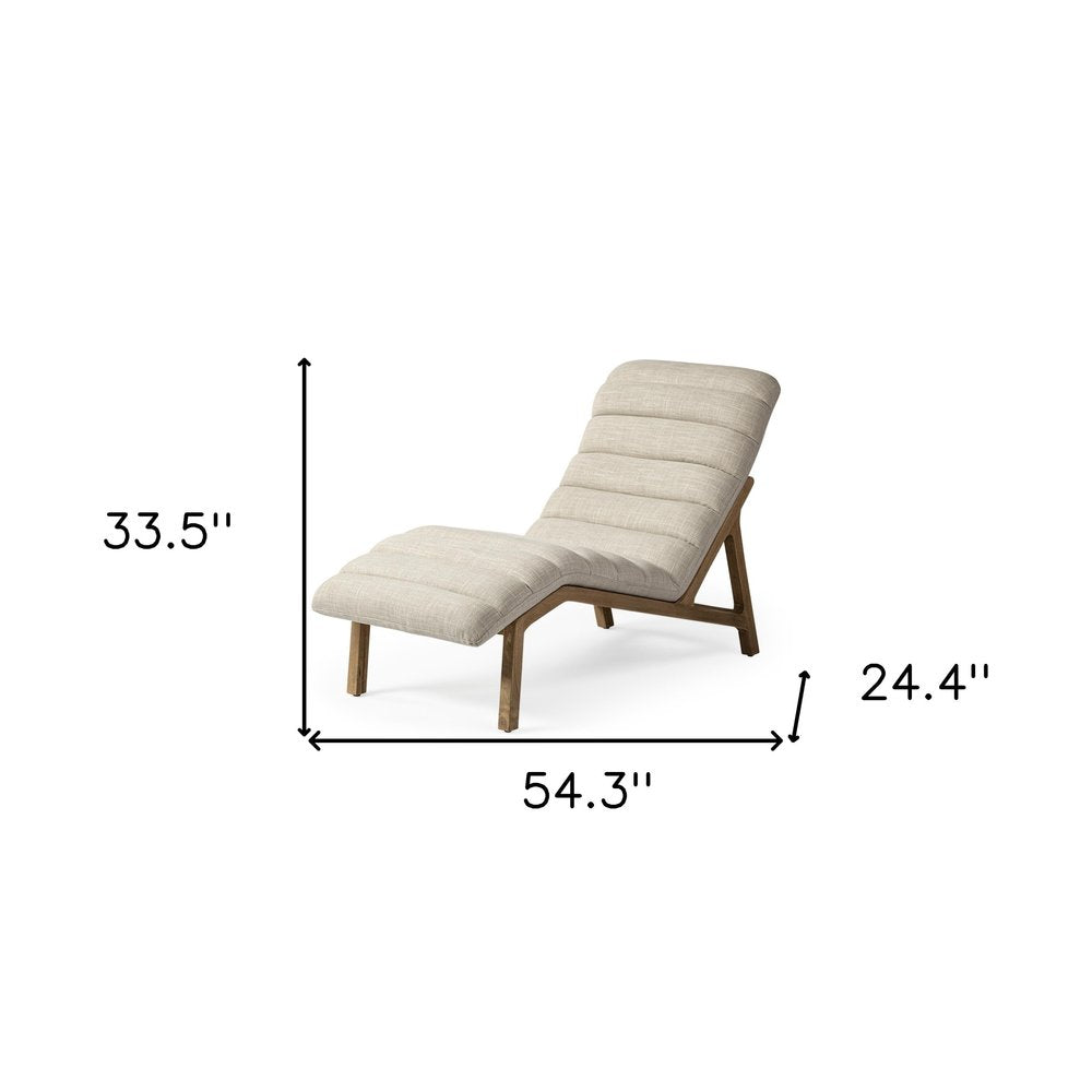 54" Cream and Brown Fabric Tufted Lounge Chair. Accent chair isolated on a plain white background, finished in cream fabric.