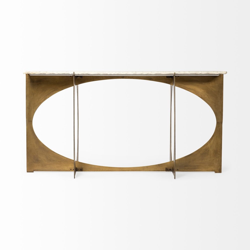 59" White and Gold Genuine Marble and Metal Geo Base Console Table. Console table isolated on a plain white background, finished in gold marble.
