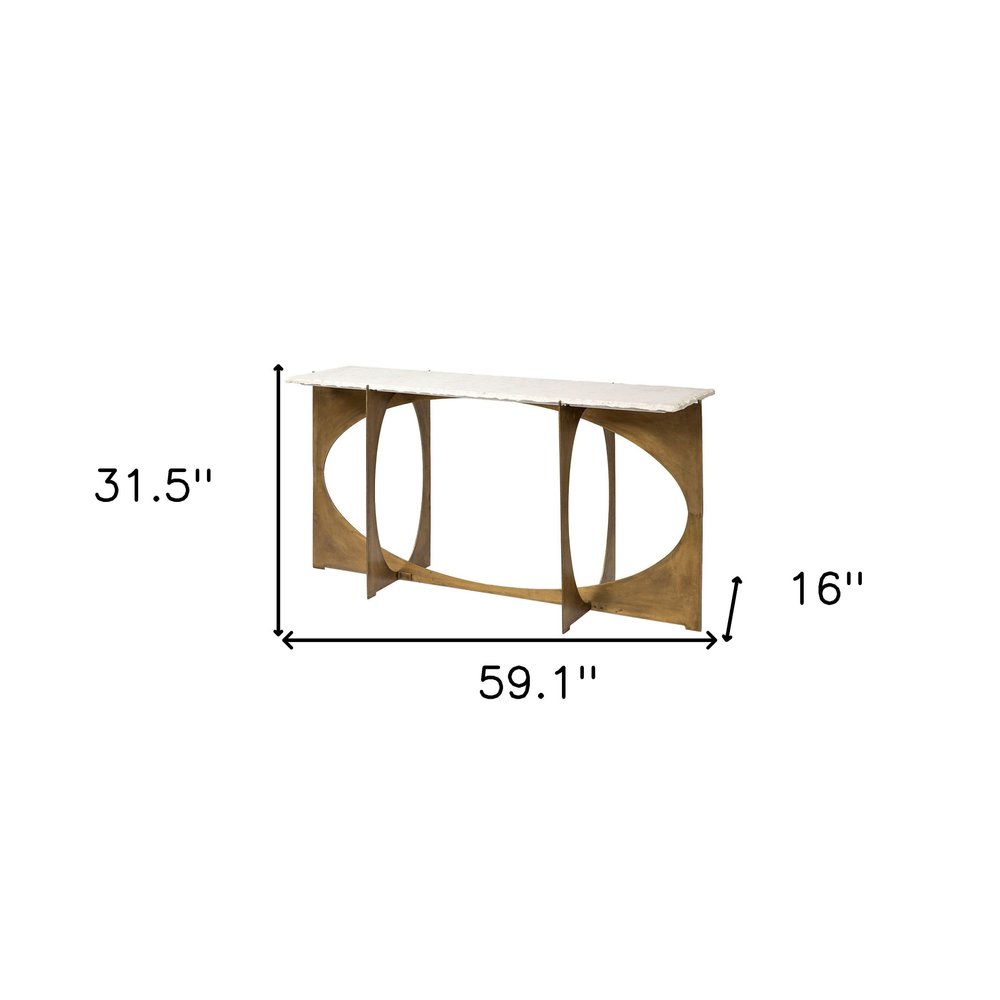 59" White and Gold Genuine Marble and Metal Geo Base Console Table. Console table isolated on a plain white background, finished in gold marble.
