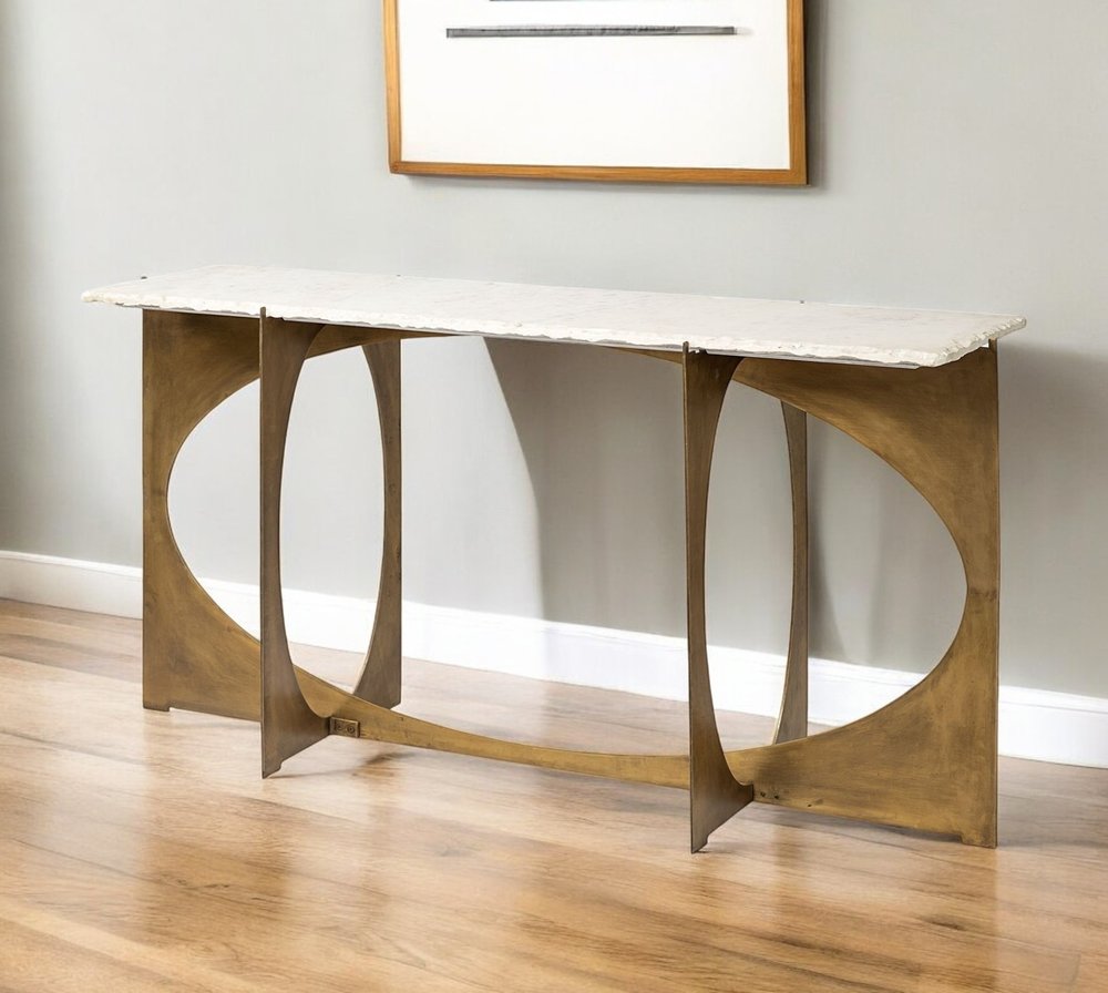 59" White and Gold Genuine Marble and Metal Geo Base Console Table. Console table isolated on a plain white background, showing a gold marble surface.