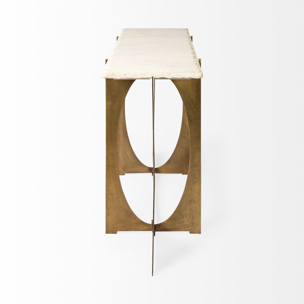 59" White and Gold Genuine Marble and Metal Geo Base Console Table. Console table isolated on a plain white background, showing a gold marble surface.