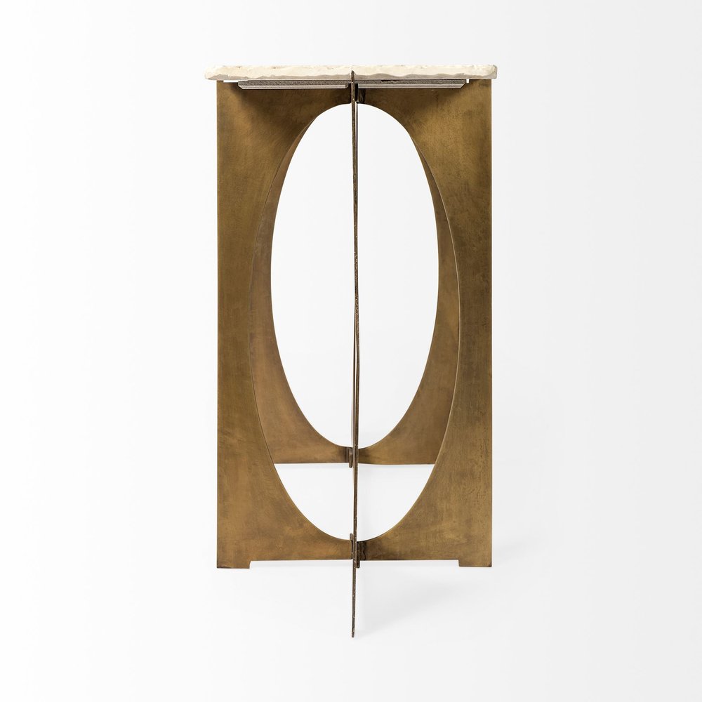 59" White and Gold Genuine Marble and Metal Geo Base Console Table. Console table isolated on a plain white background, in a gold marble finish.