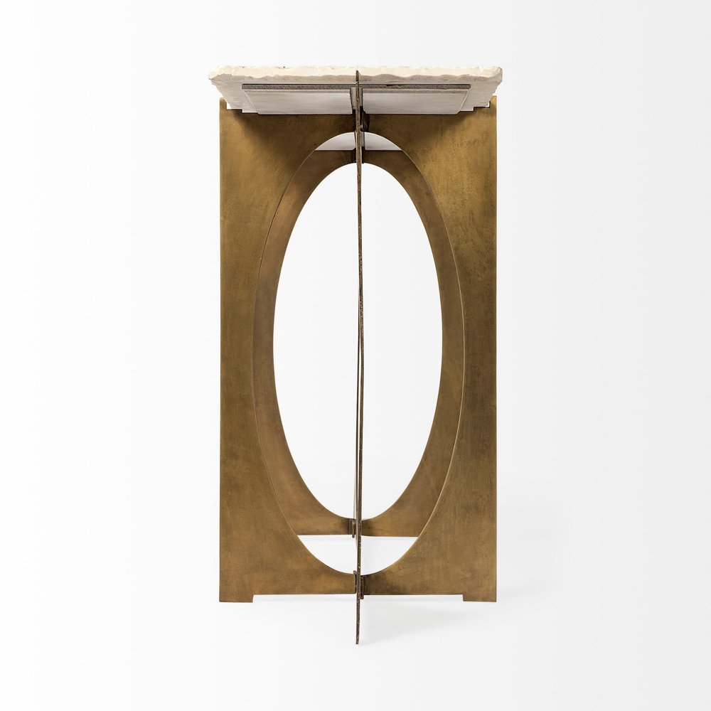 59" White and Gold Genuine Marble and Metal Geo Base Console Table. Console table isolated on a plain white background, showing a gold marble surface.