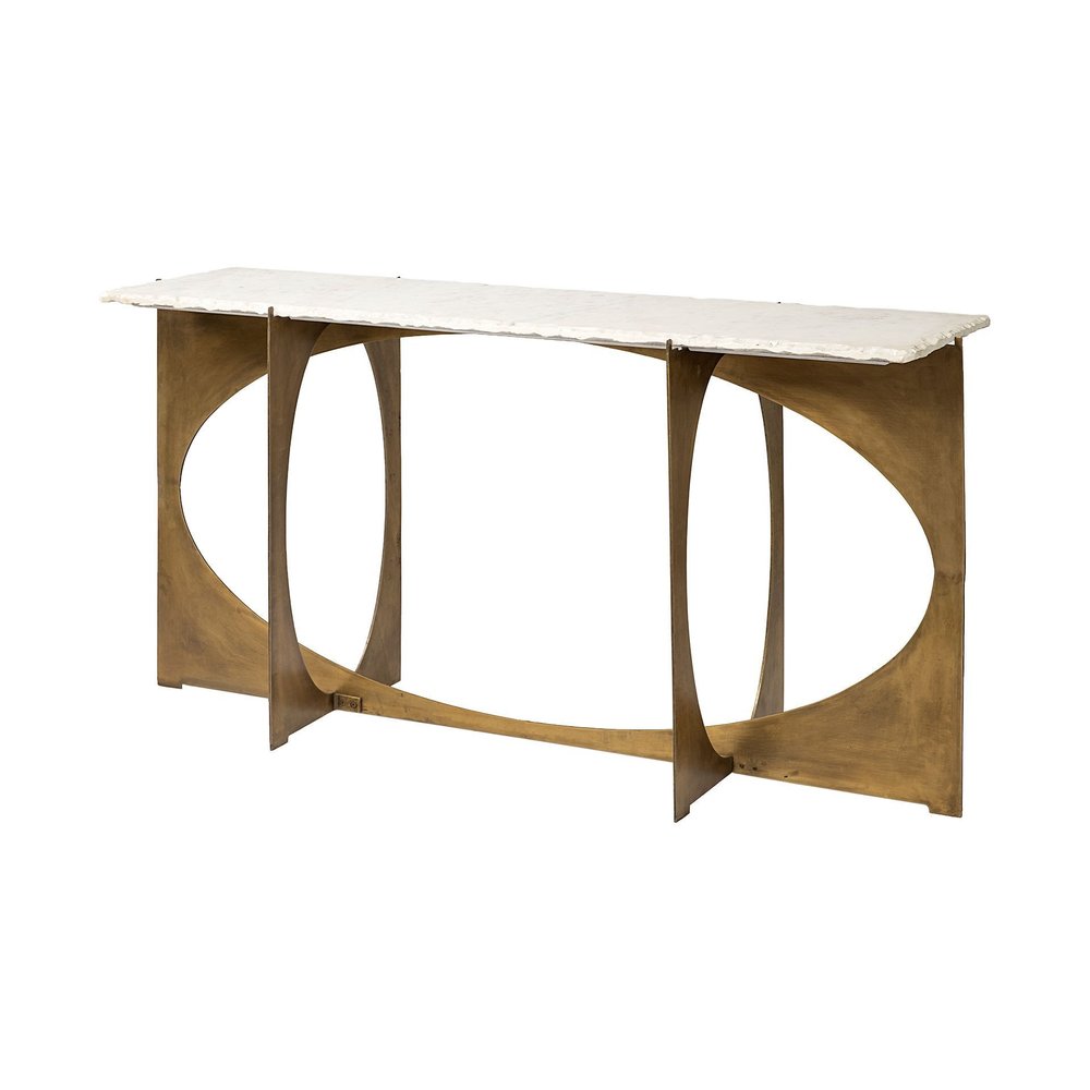 59" White and Gold Genuine Marble and Metal Geo Base Console Table. Console table isolated on a plain white background, in a gold marble finish.