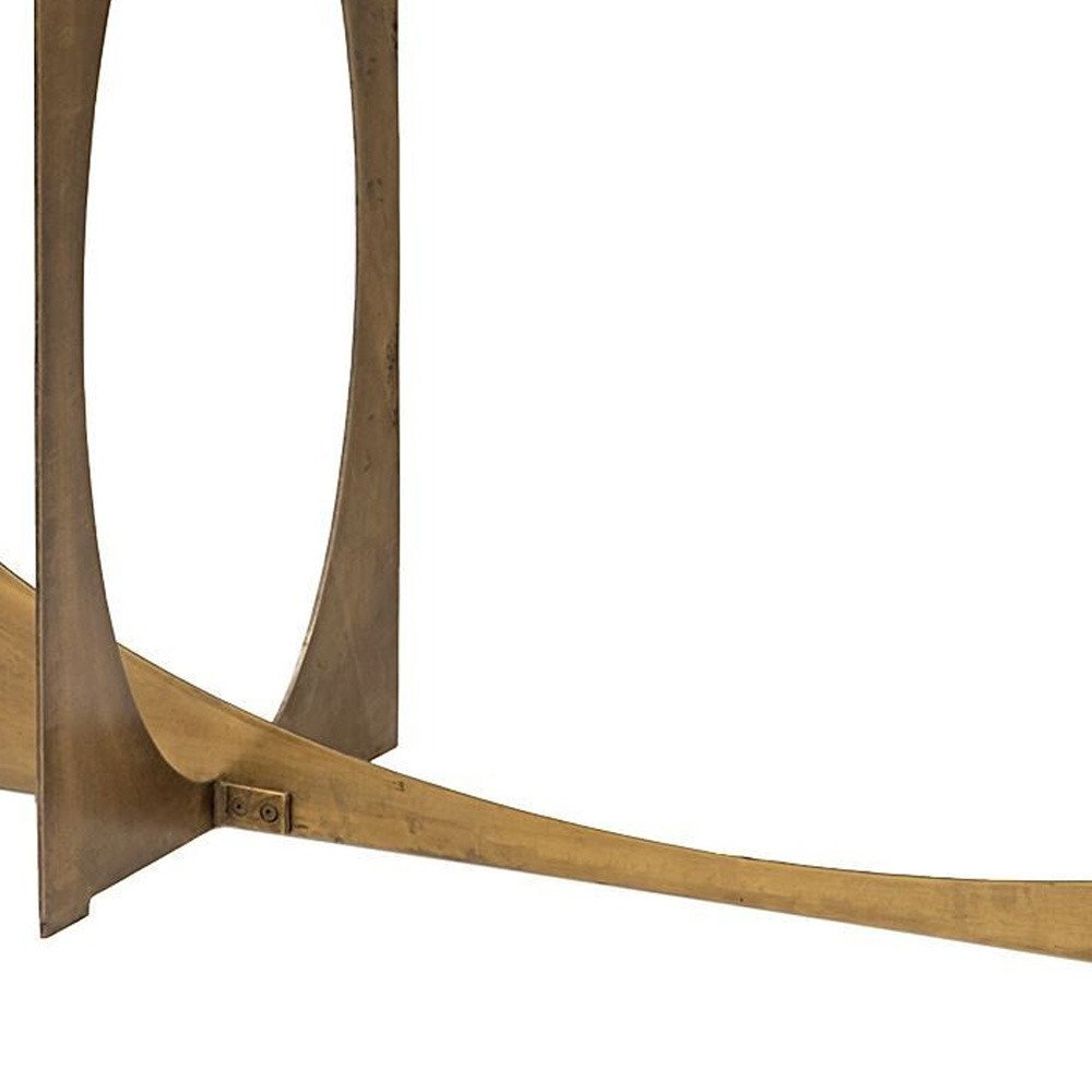 59" White and Gold Genuine Marble and Metal Geo Base Console Table. Console table isolated on a plain white background, in a gold marble finish.