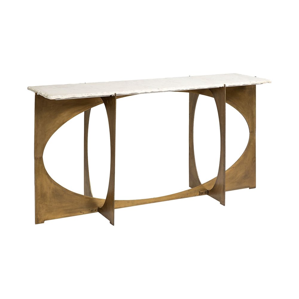 Console table with a white marble top and a gold metal geometric base, shown against a white background.