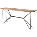 A long, narrow console table with a natural wood top and an abstract black iron base on a white background.