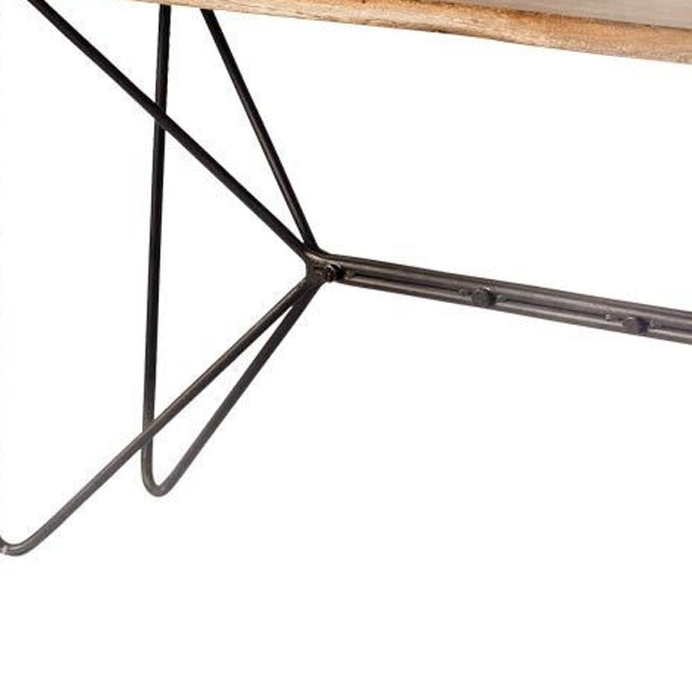 66" Brown and Black Solid Wood and Iron Abstract Base Console Table. Console table isolated on a plain white background, finished in black wood.