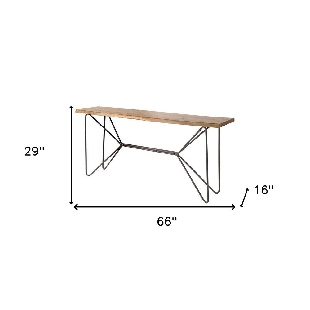 66" Brown and Black Solid Wood and Iron Abstract Base Console Table. Console table isolated on a plain white background, showing a brown wood surface.