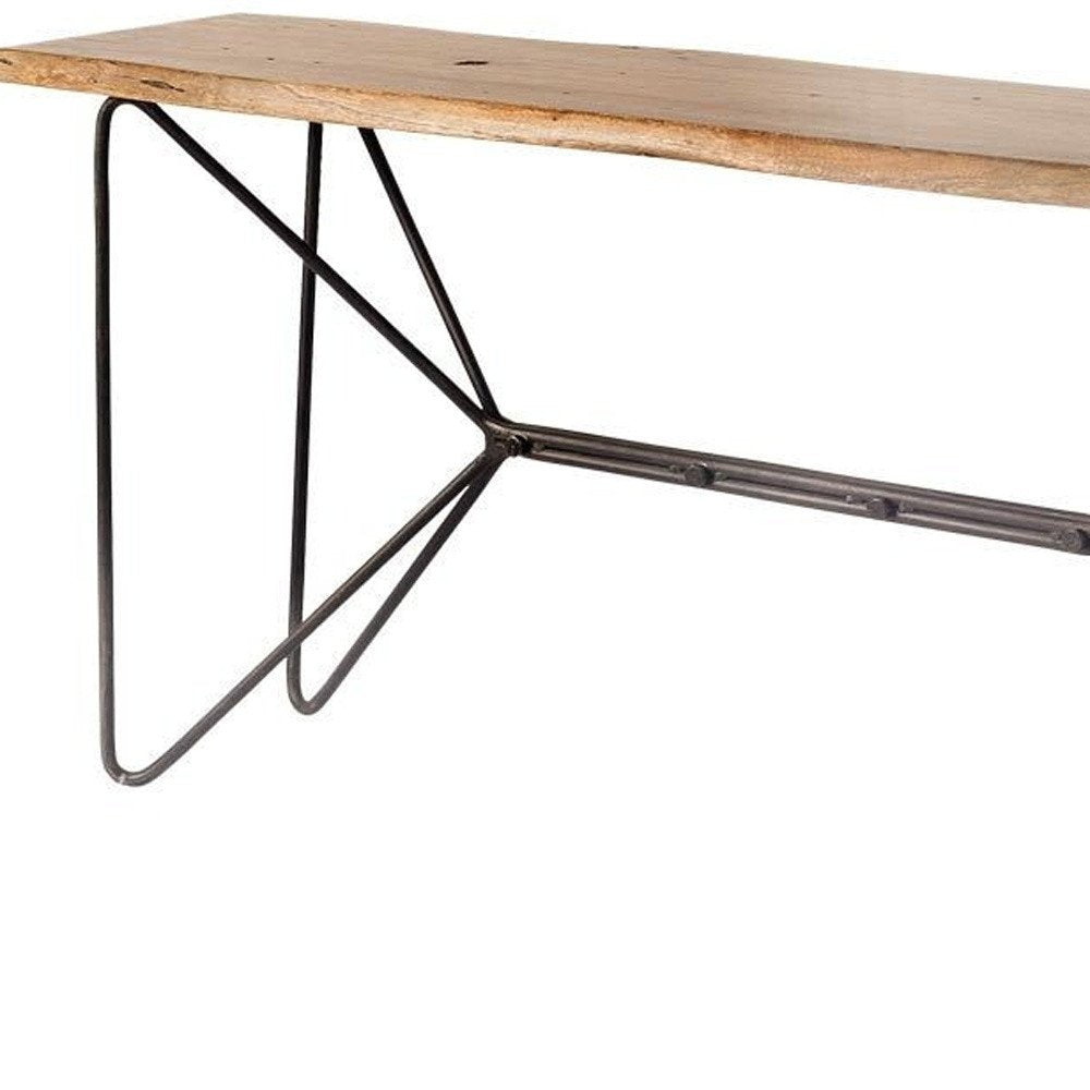 66" Brown and Black Solid Wood and Iron Abstract Base Console Table. Console table isolated on a plain white background, showing a black wood surface.