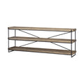 80" Light Brown and Black Solid Wood and Iron Console Table With Two Shelves on a white background