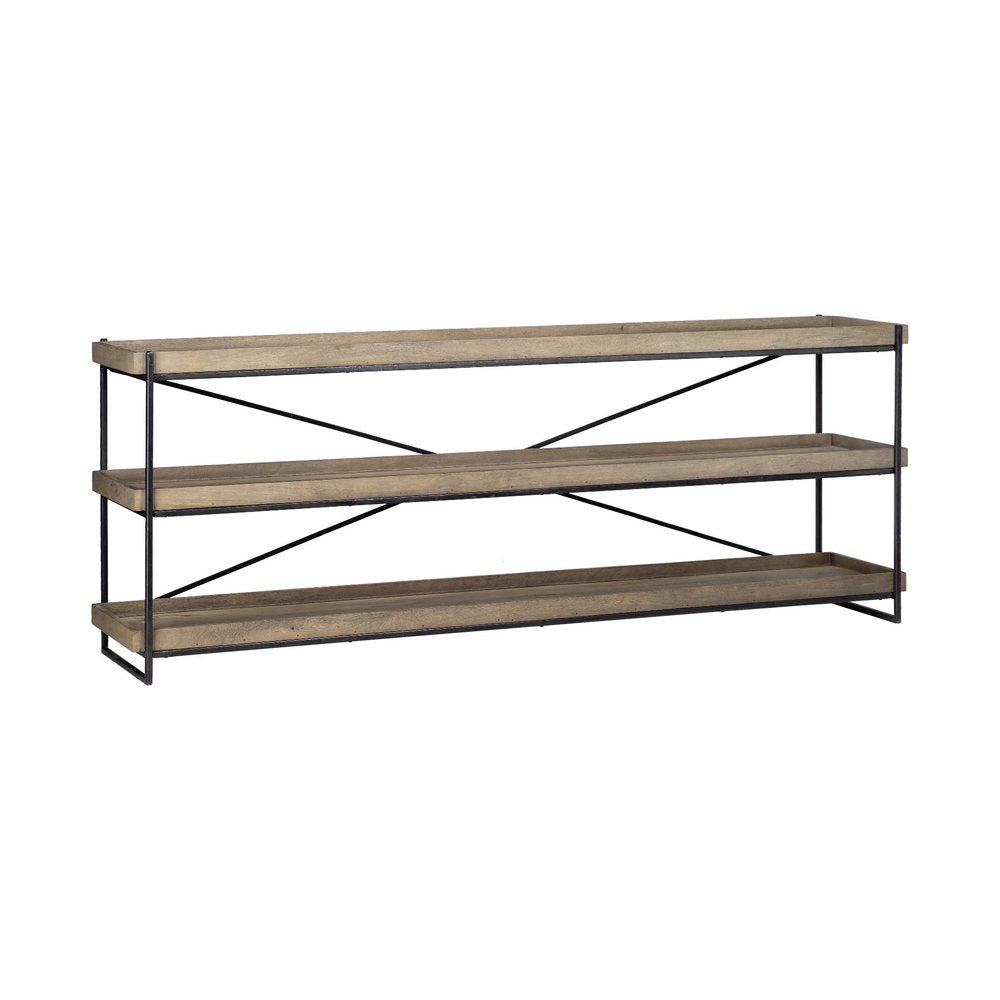 80" Light Brown and Black Solid Wood and Iron Console Table With Two Shelves on a white background