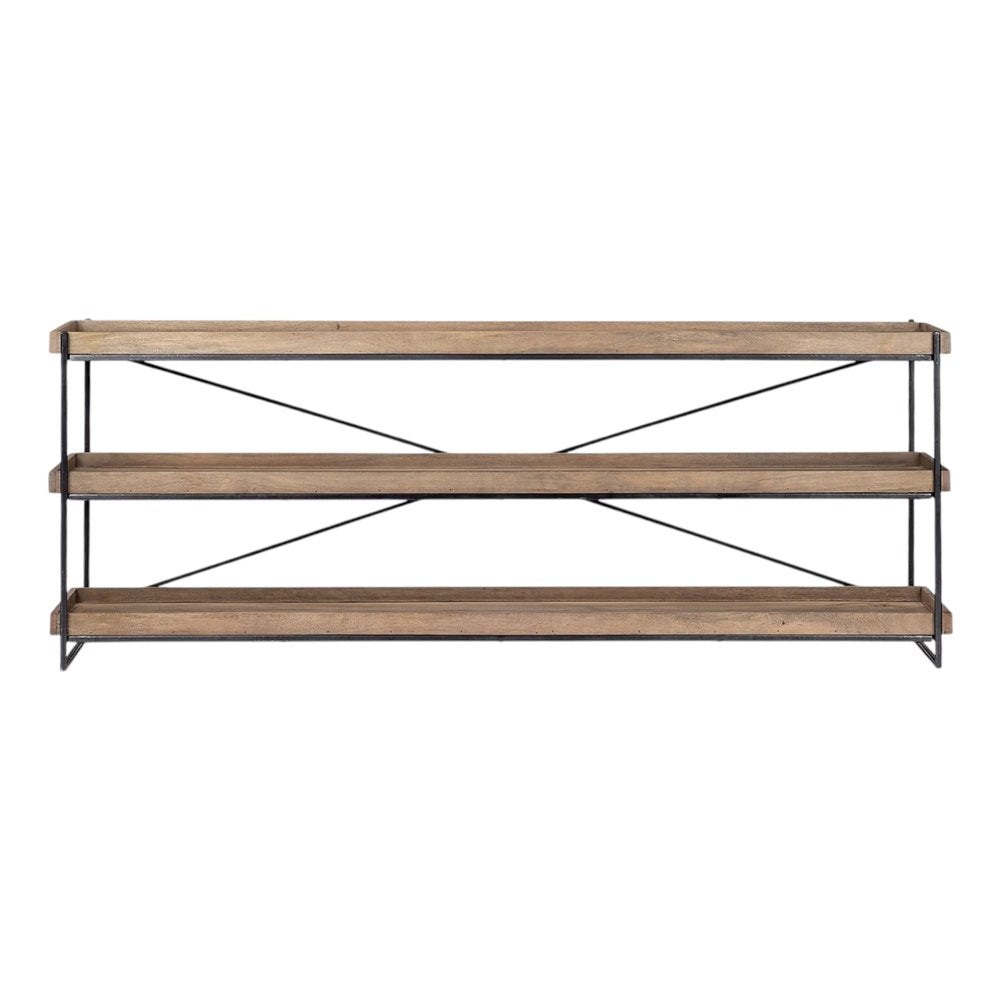 80" Light Brown and Black Solid Wood and Iron Console Table With Two Shelves on a white background