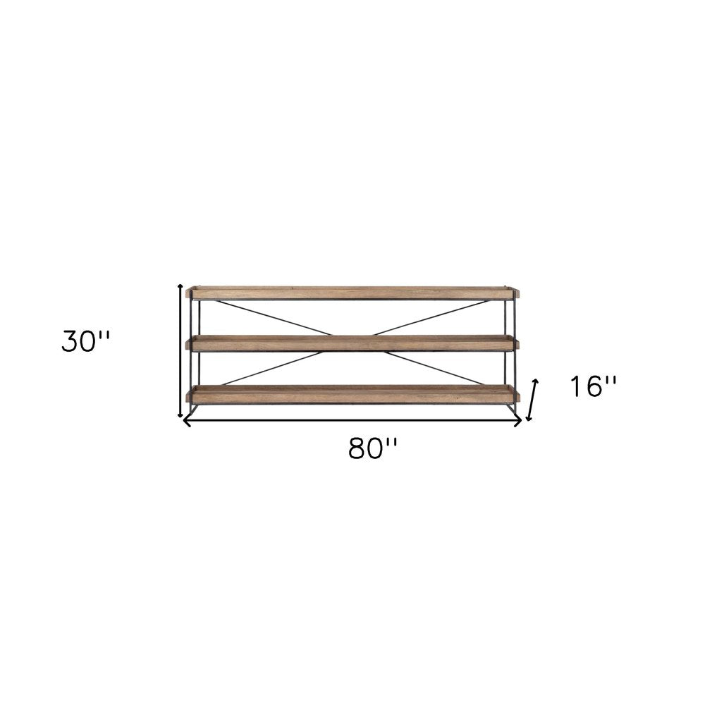 80" Light Brown and Black Solid Wood and Iron Console Table With Two Shelves on a white background