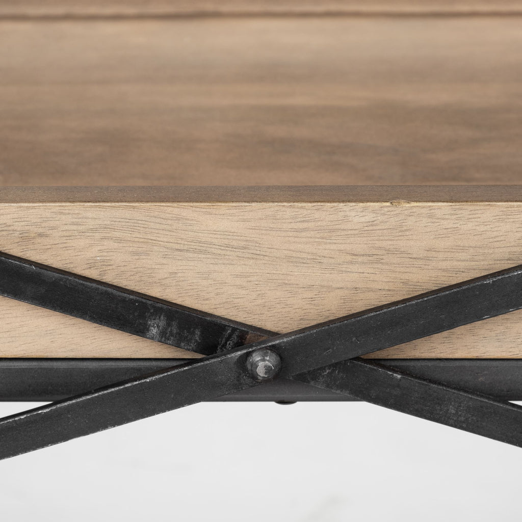80" Light Brown and Black Solid Wood and Iron Console Table With Two Shelves