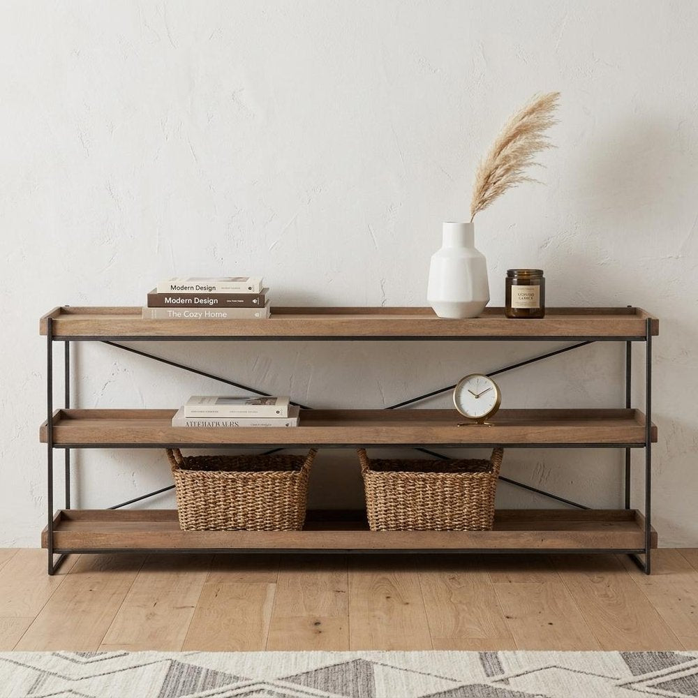 80" Light Brown and Black Solid Wood and Iron Console Table With Two Shelves in a home interior