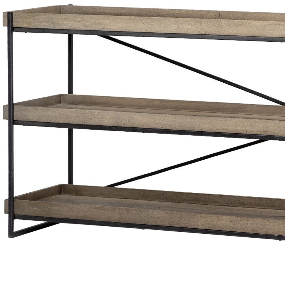 80" Light Brown and Black Solid Wood and Iron Console Table With Two Shelves on a white background
