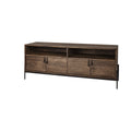 Brown solid wood TV stand with black metal legs and four cabinet doors, set against a white background.