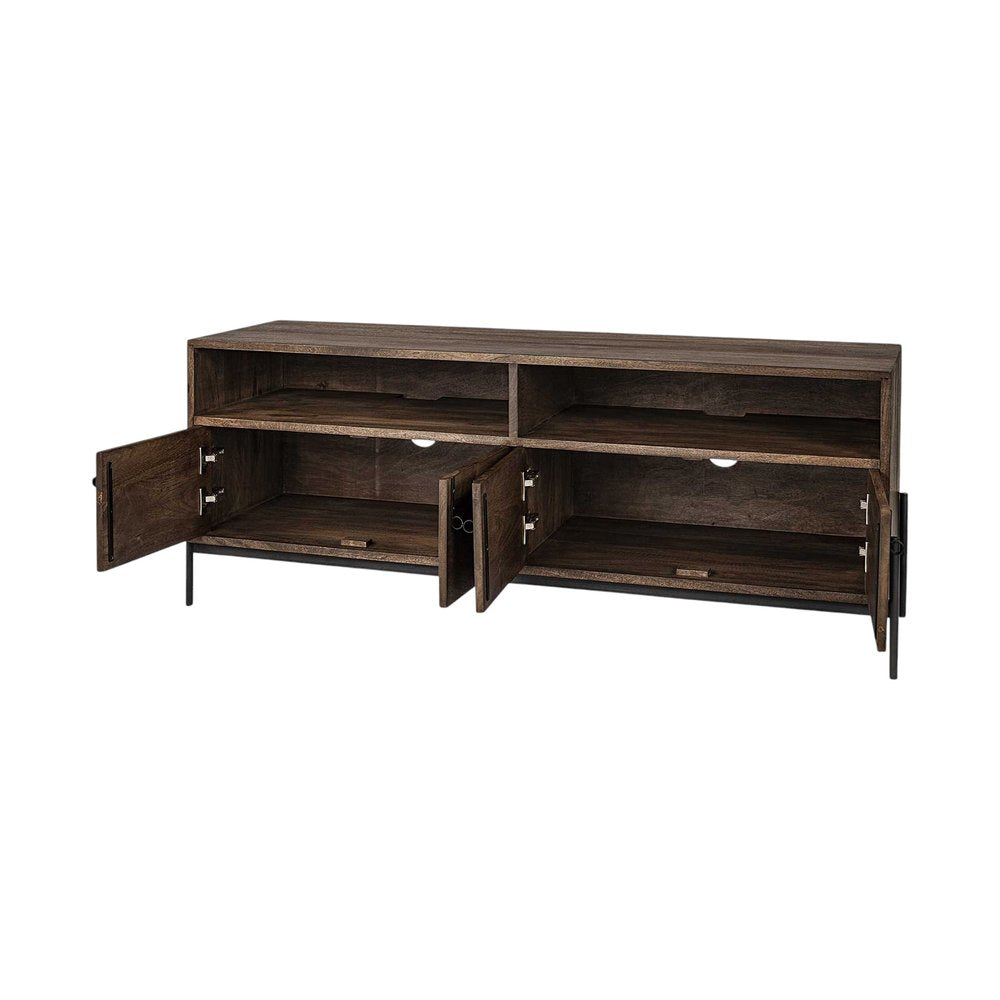 62" Brown and Black Solid Wood Cabinet Enclosed Storage TV Stand. TV stand isolated on a plain white background, finished in black wood.