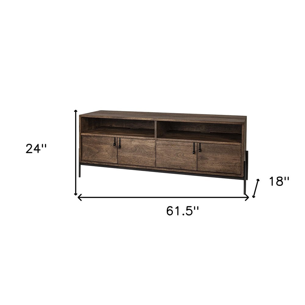 62" Brown and Black Solid Wood Cabinet Enclosed Storage TV Stand. TV stand isolated on a plain white background, finished in black wood.