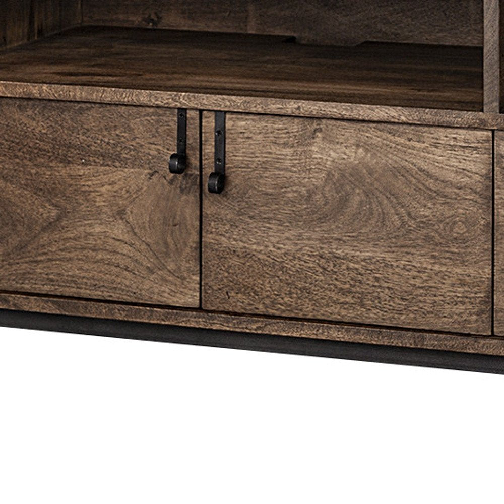62" Brown and Black Solid Wood Cabinet Enclosed Storage TV Stand. TV stand in black wood.