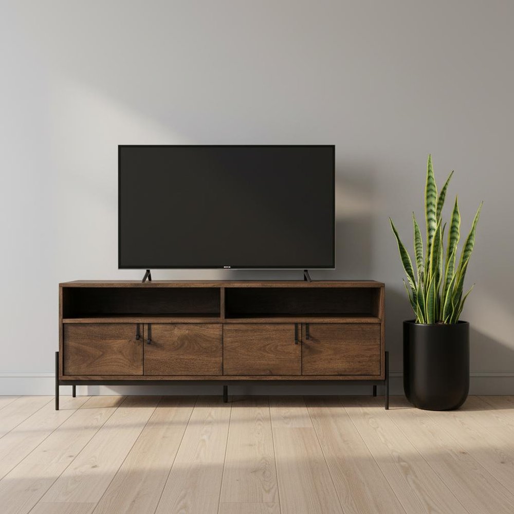 62" Brown and Black Solid Wood Cabinet Enclosed Storage TV Stand. TV stand in black wood.