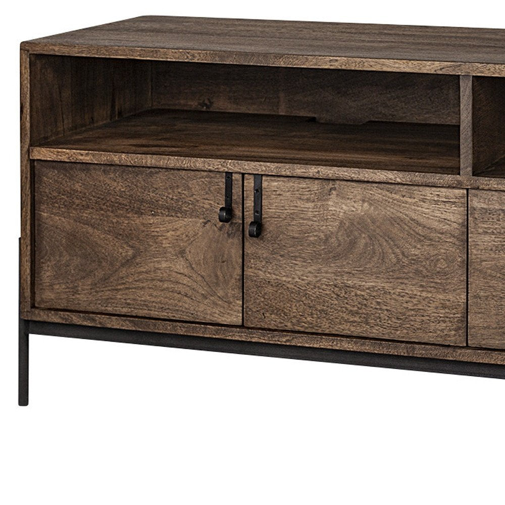 62" Brown and Black Solid Wood Cabinet Enclosed Storage TV Stand. TV stand isolated on a plain white background, in a black wood finish.