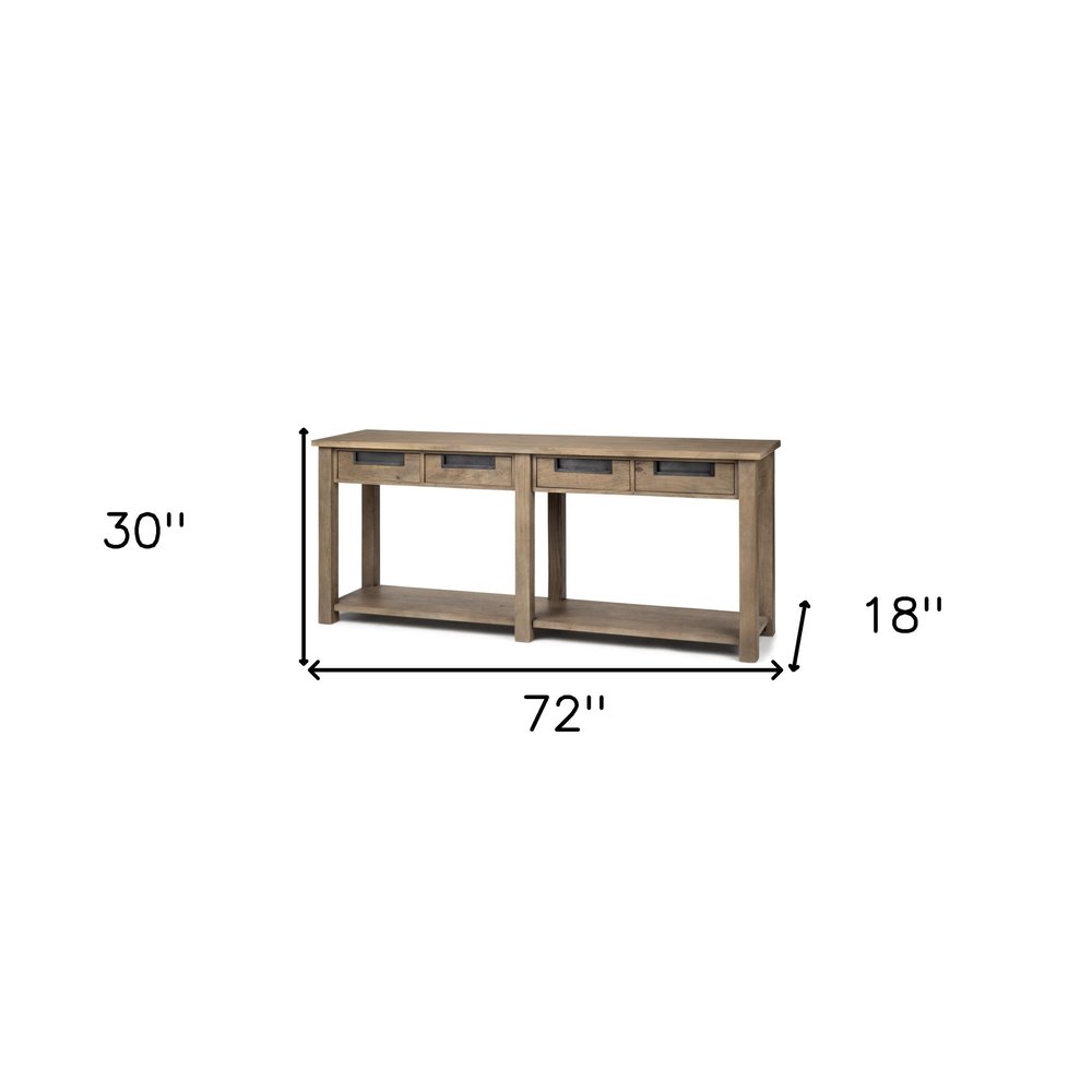 72" Brown Solid Wood Floor Shelf Console Table And Drawers on a white background