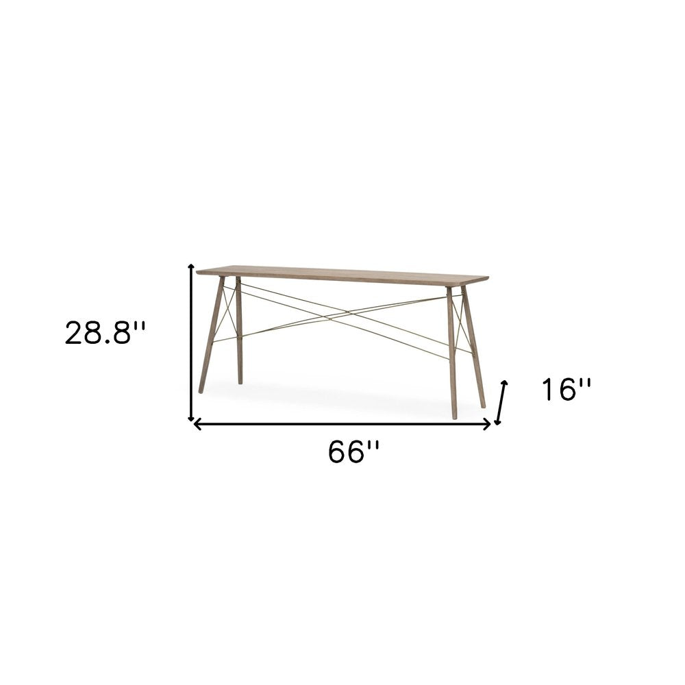 66" Brown Solid Wood Console Table. Console table isolated on a plain white background, finished in brown wood.